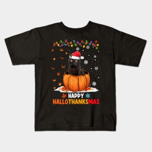 Black Cat On Pumpkin Happy Hallothanksmas Kids T-Shirt